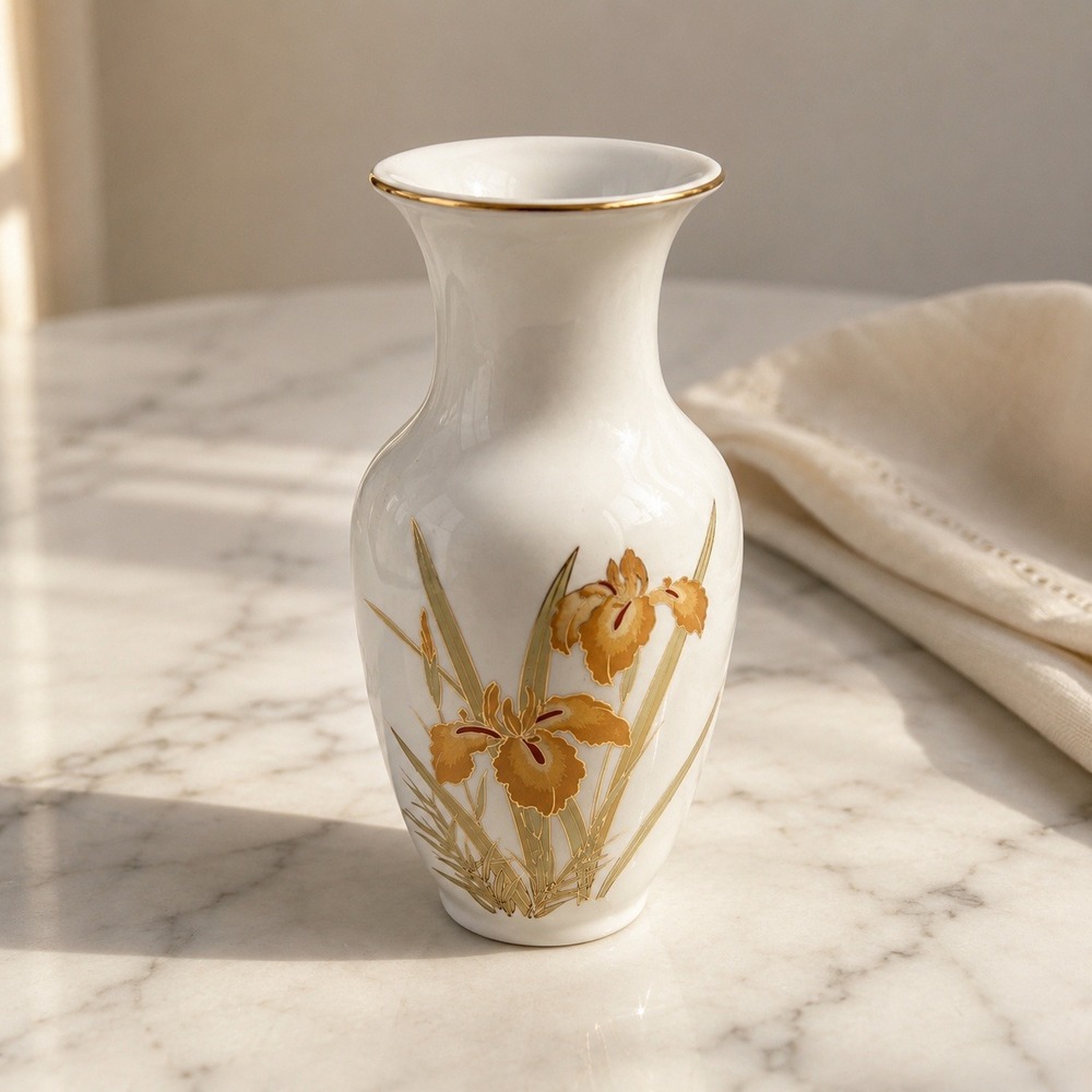 Fine China Japan Vintage Porcelain Bud Vase Floral Iris Gold Trim 6.5‎ Inch
